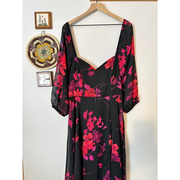 Rebecca B. Women’s Sz 12 3/4 Sheer Sleeve Floral Maxi Dress Black Red Formal - Picture 3 of 10